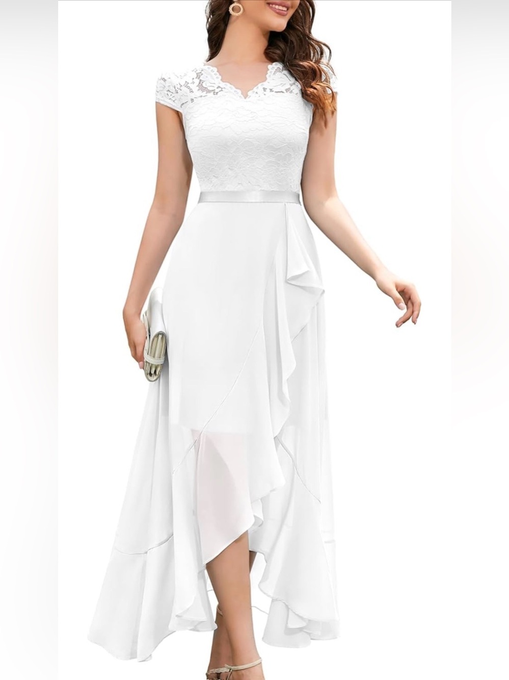 Lace Bodice White High-Low Dress with Satin Waist, Large